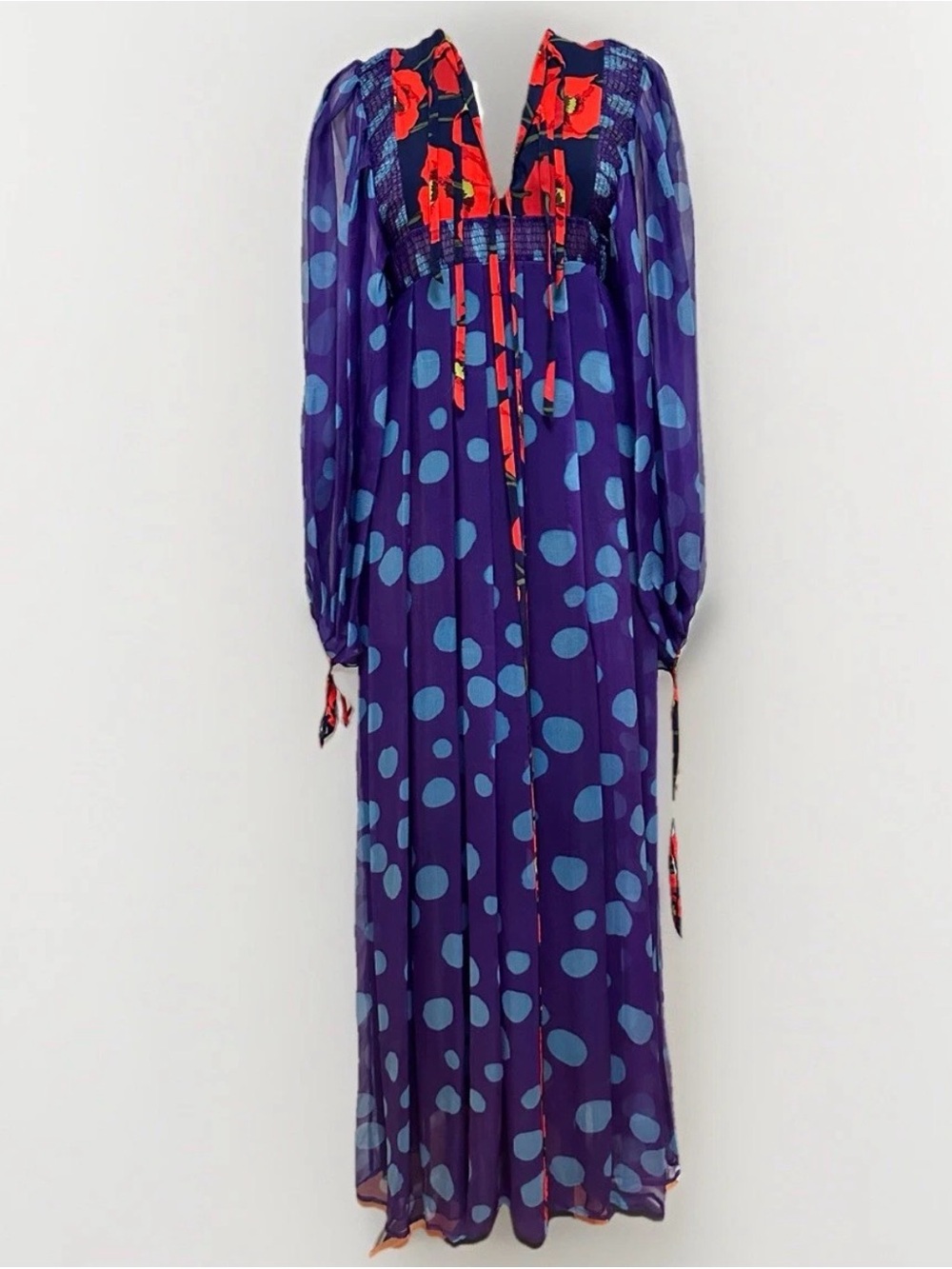 Vintage Thea Porter Style Bohemian Maxi Dress Floral Purple Polka Dot Gown Sz 10